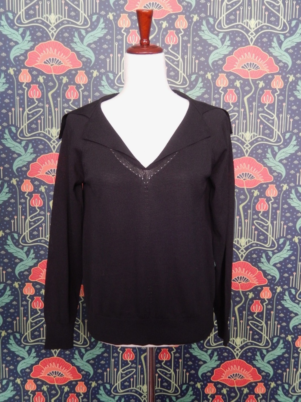 Pearl Lela Rose Black V-Neck Sailor Collar Cotton Sweater Top S